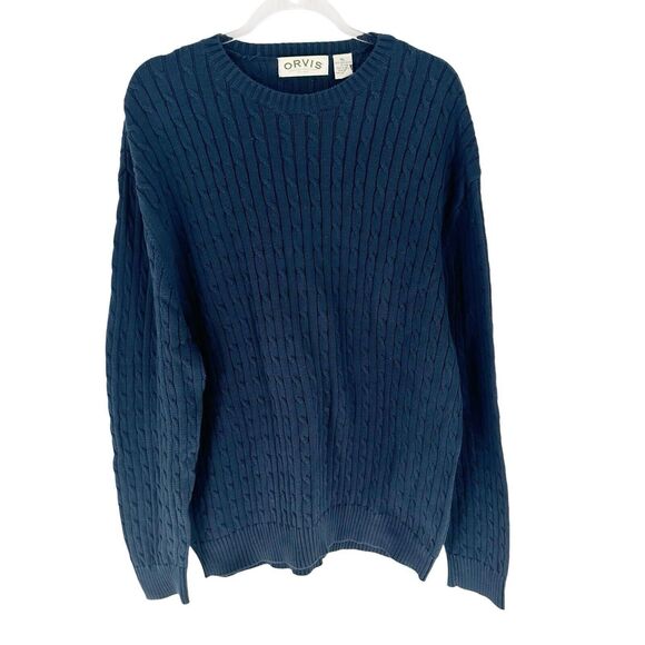 Orvis Sweater Mens XL Blue Cable Knit Pullover Cotton Classic Outdoor Fisherman